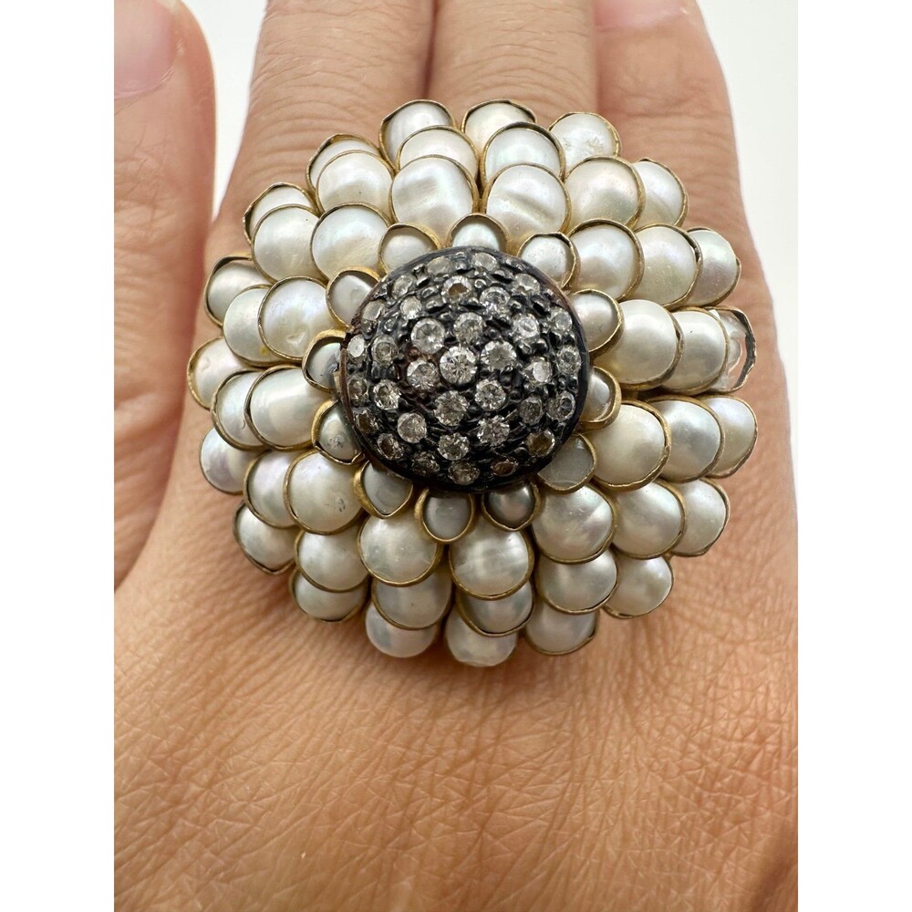 Gold tone natural pearl crystal Floral cluster Ring size 6 adjustable Read